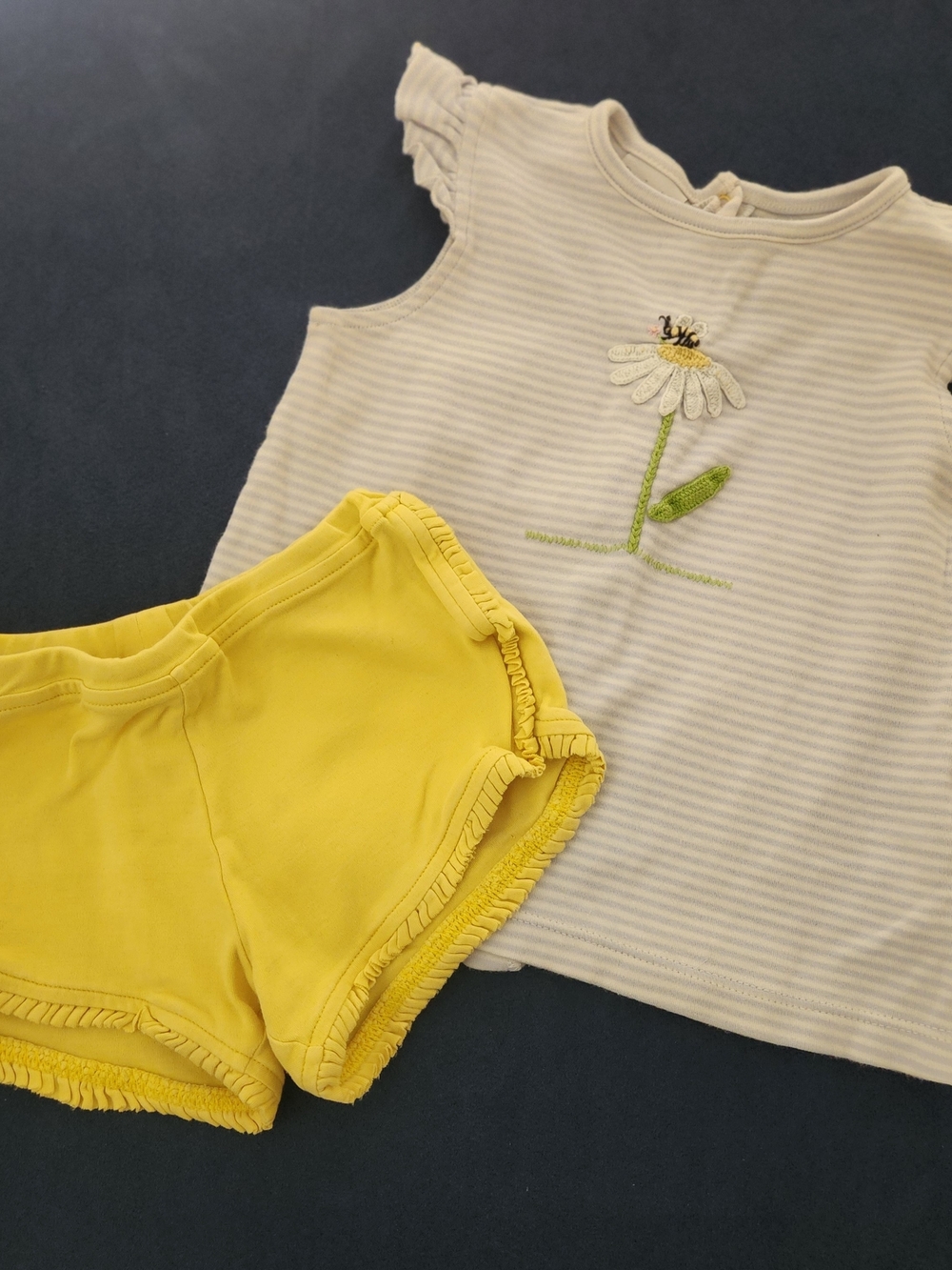 Squiggles By Charlie White Blue Striped Daisy Top & Yellow Ruffle Shorts Set 3t